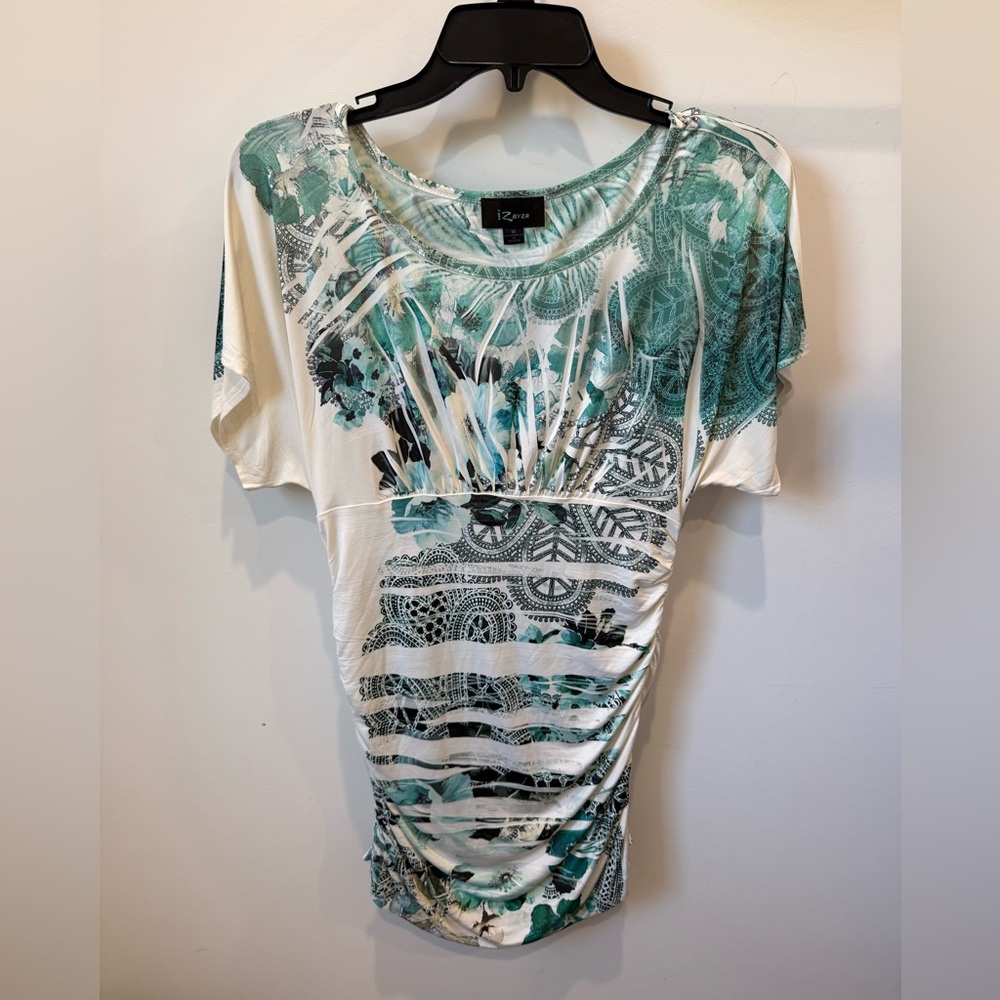 Iz Byer Cream and Teal Printed Ruched Women’s Top